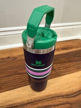 Stanley Purple Tumbler with Green Handle and Pink Stripe